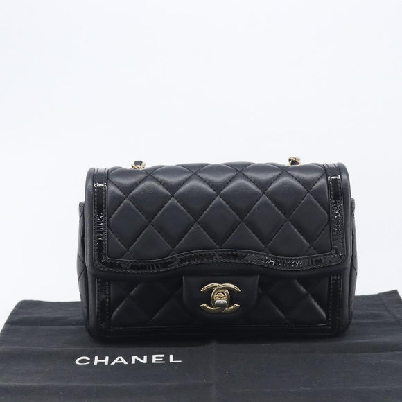 CHANEL Mini Matelasse 20 Chain Shoulder Bag Lamb Skin Black Gold Auth BA16292SM