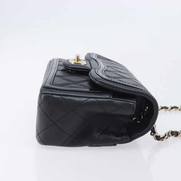 CHANEL Mini Matelasse 20 Chain Shoulder Bag Lamb Skin Black Gold Auth BA16292SM