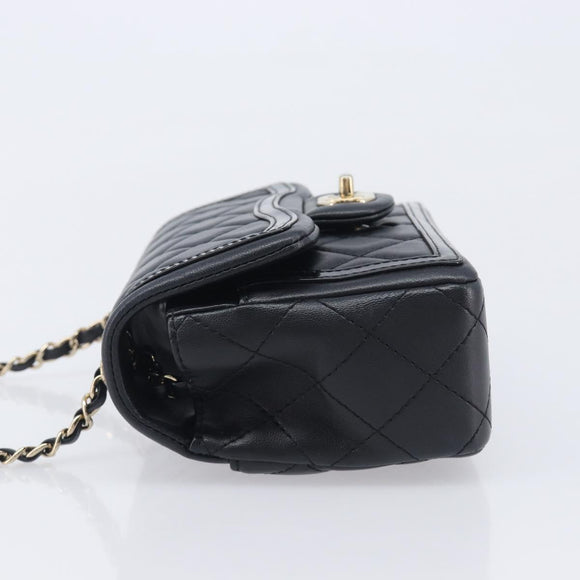 CHANEL Mini Matelasse 20 Chain Shoulder Bag Lamb Skin Black Gold Auth BA16292SM