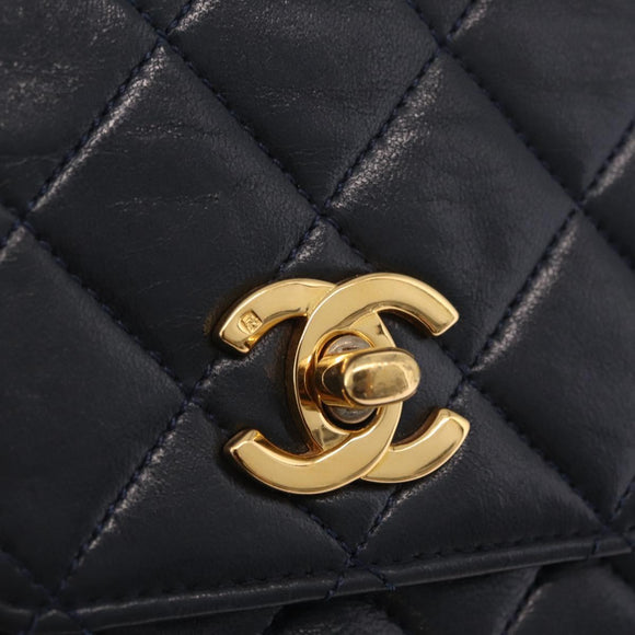 CHANEL Matelasse Chain Shoulder Bag Lamb Skin 2way Navy Gold CC Auth BA16293SAV
