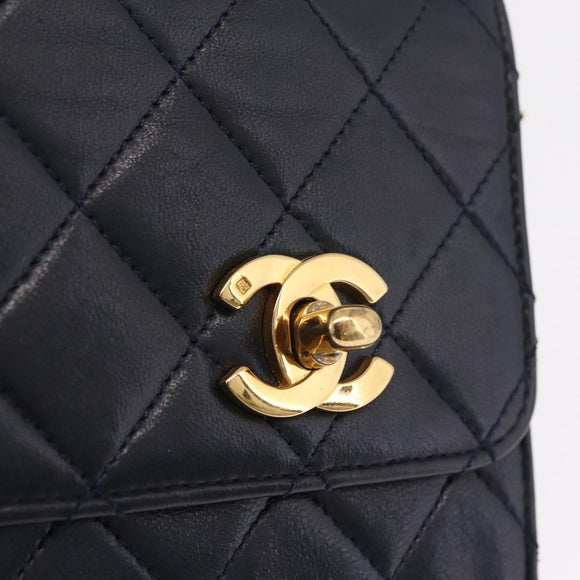 CHANEL Matelasse Chain Shoulder Bag Lamb Skin 2way Navy Gold CC Auth BA16293SAV