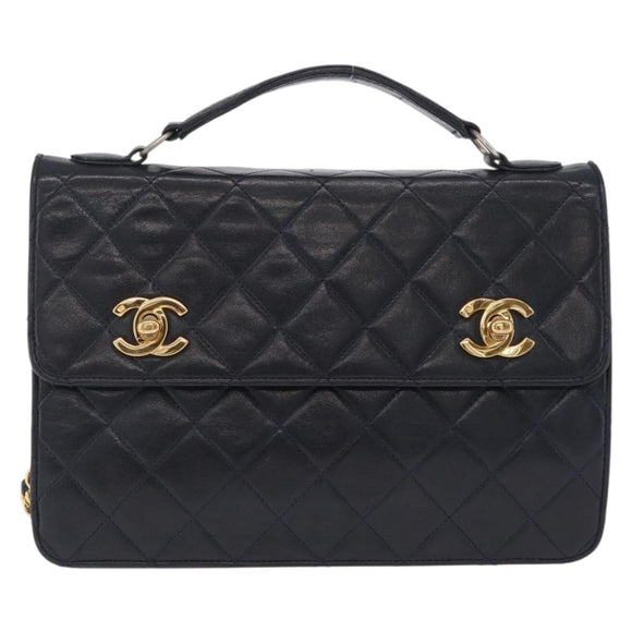 CHANEL Matelasse Chain Shoulder Bag Lamb Skin 2way Navy Gold CC Auth BA16293SAV