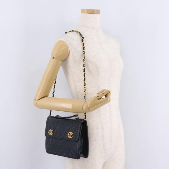 CHANEL Matelasse Chain Shoulder Bag Lamb Skin 2way Navy Gold CC Auth BA16293SAV