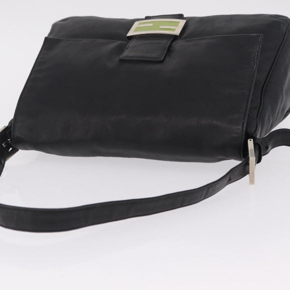 FENDI Mamma Baguette Shoulder Bag Leather Black Silver Auth BA16295V