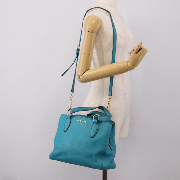 Miu Miu Hand Bag Leather 2way Turquoise Blue Gold Tone Auth BA16303V