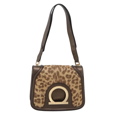 Salvatore Ferragamo Gancini Shoulder Bag Harako leather Brown Gold Auth BA16312A - 0
