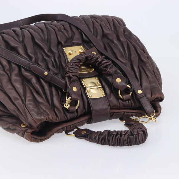 Miu Miu Matelasse Hand Bag Leather 2way Dark Brown Gold Tone Auth BA16313A