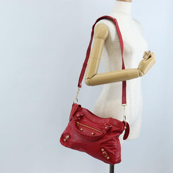 Balenciaga The Giant Town Hand Bag Leather 2way Red Gold Tone Auth BA16321M