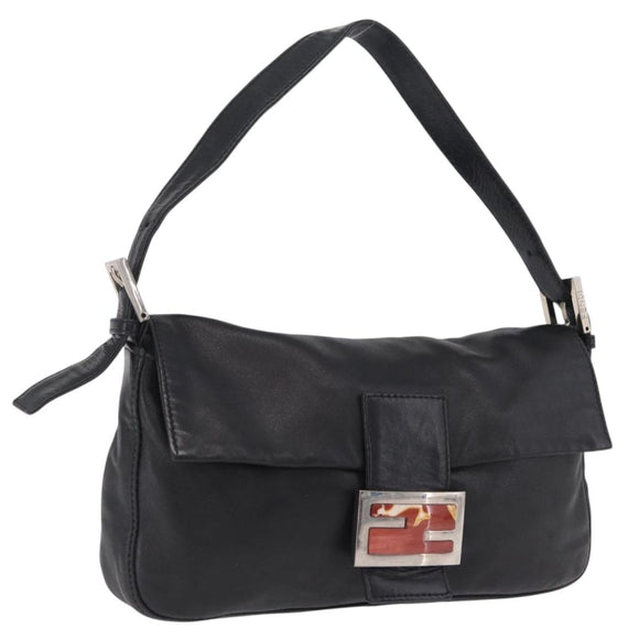 FENDI Mamma Baguette Shoulder Bag Leather Black Silver Auth BA16322V