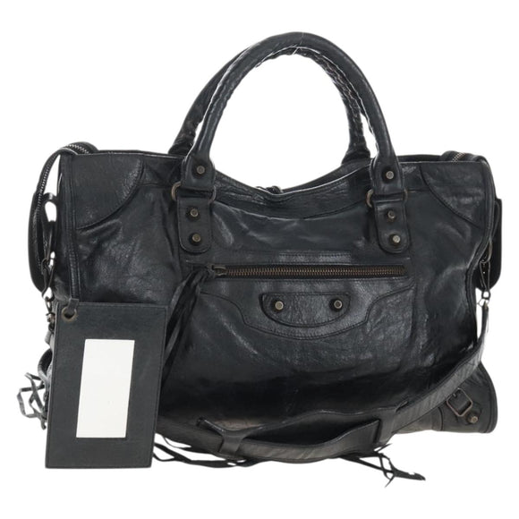 Balenciaga The City Hand Bag Leather 2way Black Gold Tone 115748 Auth BA16337V