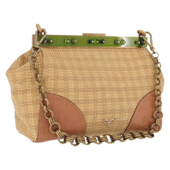 PRADA Chain Shoulder Bag Raffia Beige Gold Tone Auth BA16338V