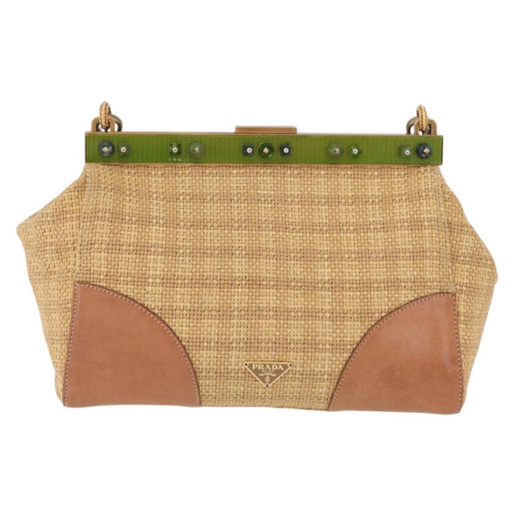 PRADA Chain Shoulder Bag Raffia Beige Gold Tone Auth BA16338V