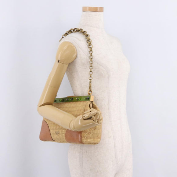 PRADA Chain Shoulder Bag Raffia Beige Gold Tone Auth BA16338V