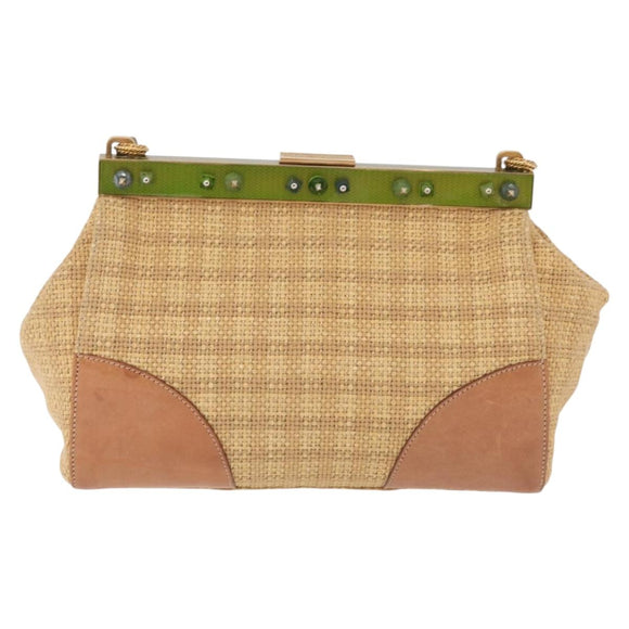 PRADA Chain Shoulder Bag Raffia Beige Gold Tone Auth BA16338V