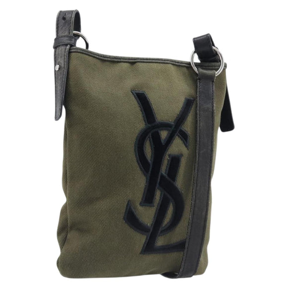 Saint Laurent Kahala Shoulder Bag Canvas Khaki Silver Auth BA16421