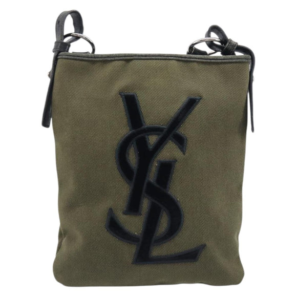 Saint Laurent Kahala Shoulder Bag Canvas Khaki Silver Auth BA16421