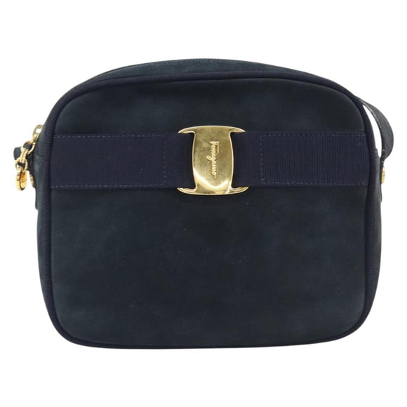 Salvatore Ferragamo Vala Shoulder Bag Suede Black Gold Auth BA16436