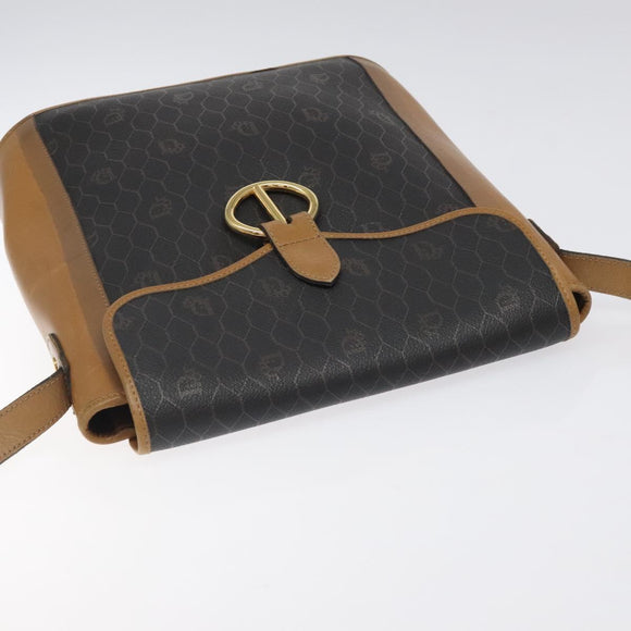 Christian Dior Honeycomb Canvas Shoulder Bag PVC Leather Black gold Auth BA1644