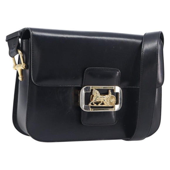 CELINE Horse Carriage Shoulder Bag Leather Black Gold Auth BA16440
