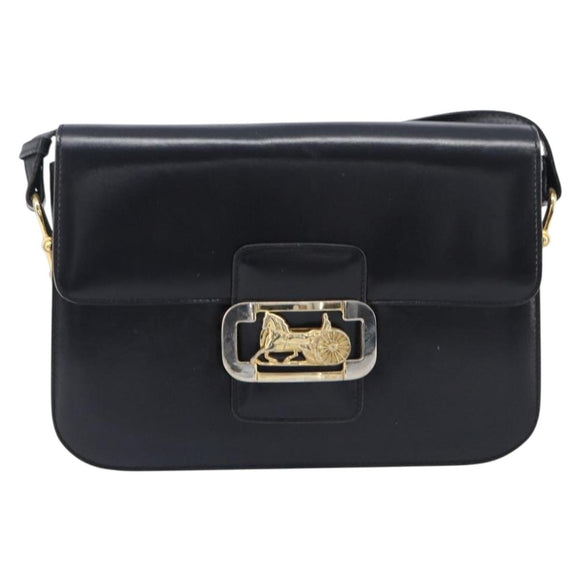 CELINE Horse Carriage Shoulder Bag Leather Black Gold Auth BA16440