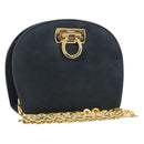 Salvatore Ferragamo Gancini Chain Shoulder Bag Suede Black Gold Auth BA16446-1
