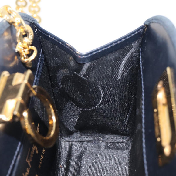 Salvatore Ferragamo Gancini Chain Shoulder Bag Suede Black Gold Auth BA16446