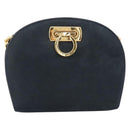 Salvatore Ferragamo Gancini Chain Shoulder Bag Suede Black Gold Auth BA16446-13