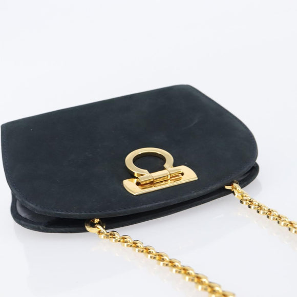 Salvatore Ferragamo Gancini Chain Shoulder Bag Suede Black Gold Auth BA16446