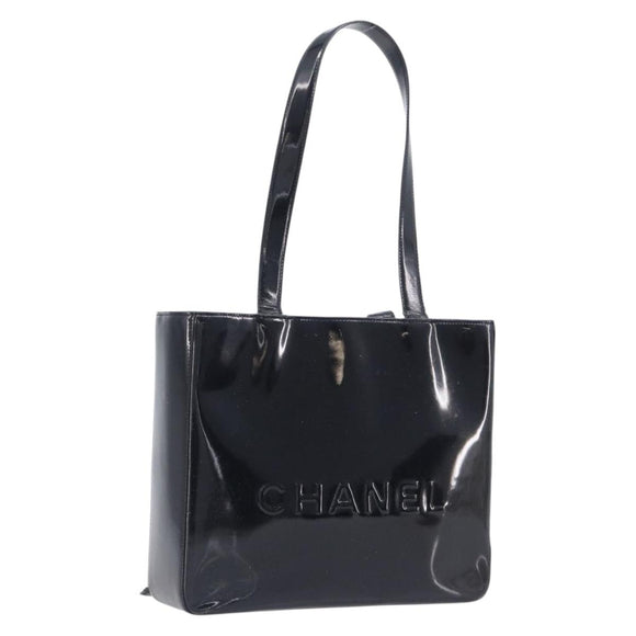 CHANEL Tote Bag Patent Leather Black Gold CC Auth BA16451