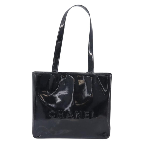 CHANEL Tote Bag Patent Leather Black Gold CC Auth BA16451