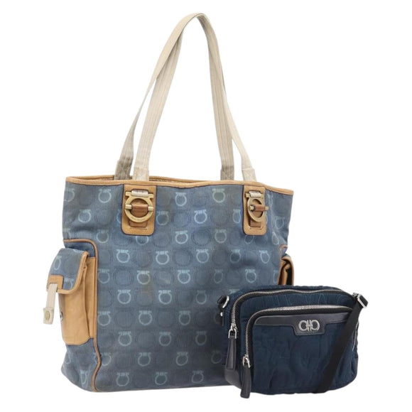 Salvatore Ferragamo Gancini Tote Bag Shoulder Bag 2 Set Blue Silver Auth BA16489