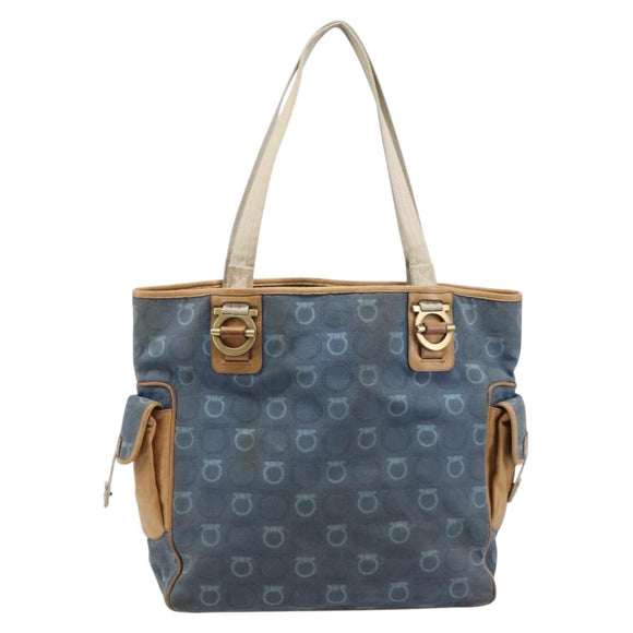 Salvatore Ferragamo Gancini Tote Bag Shoulder Bag 2 Set Blue Silver Auth BA16489