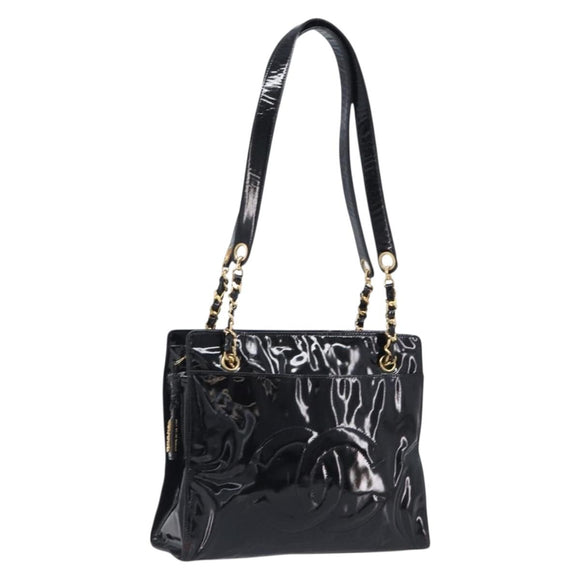 CHANEL COCO Mark Chain Shoulder Bag Patent Black Gold Tone CC Auth BA16492