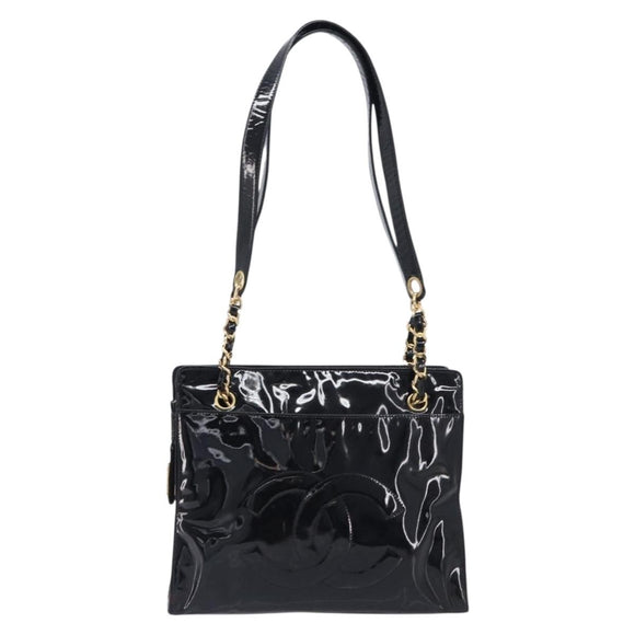 CHANEL COCO Mark Chain Shoulder Bag Patent Black Gold Tone CC Auth BA16492
