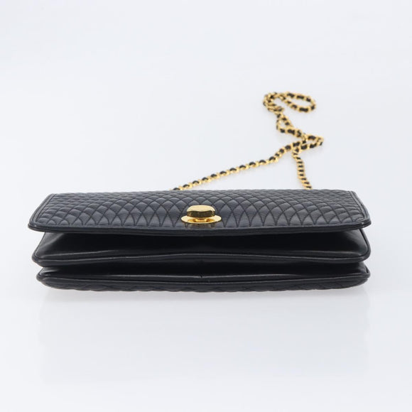 Bally Chain Shoulder Bag Leather Black Gold Tone Auth BA16503
