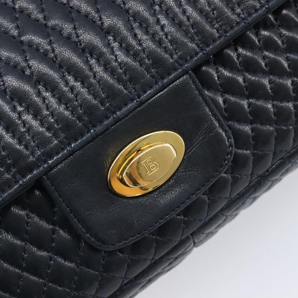 Bally Chain Shoulder Bag Leather Navy Gold Tone Auth BA16506