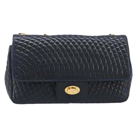 Bally Chain Shoulder Bag Leather Navy Gold Tone Auth BA16506