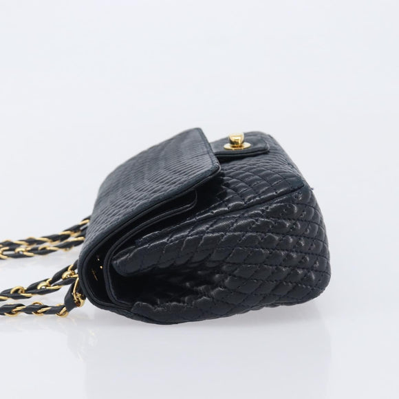 Bally Chain Shoulder Bag Leather Navy Gold Tone Auth BA16506