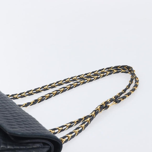 Bally Chain Shoulder Bag Leather Navy Gold Tone Auth BA16506
