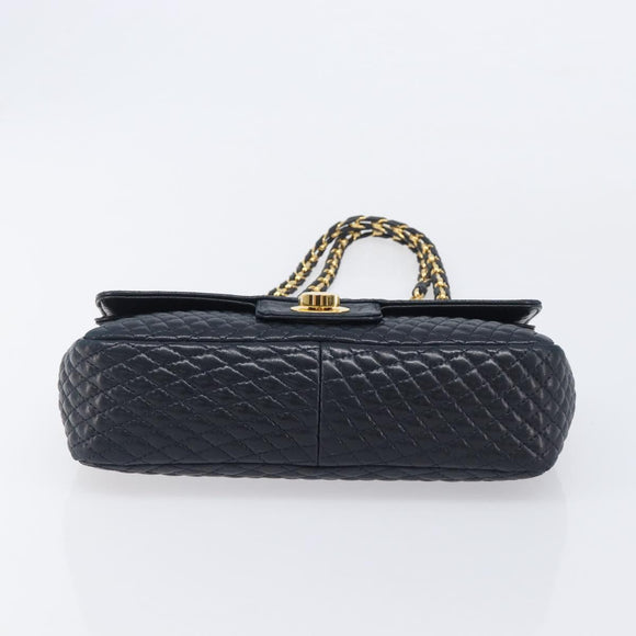 Bally Chain Shoulder Bag Leather Navy Gold Tone Auth BA16506
