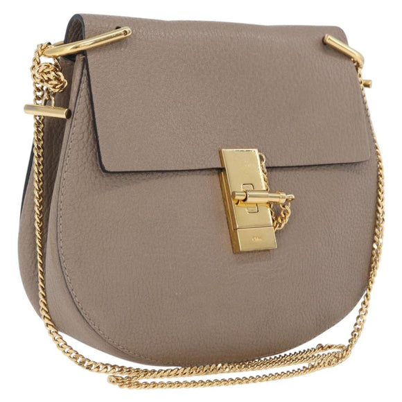 Chloe Chain Drew Shoulder Bag Leather Beige Gold Tone Auth BA16509