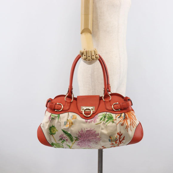 Salvatore Ferragamo Gancini Tote Bag Satin White Gold Tone Auth BA16529