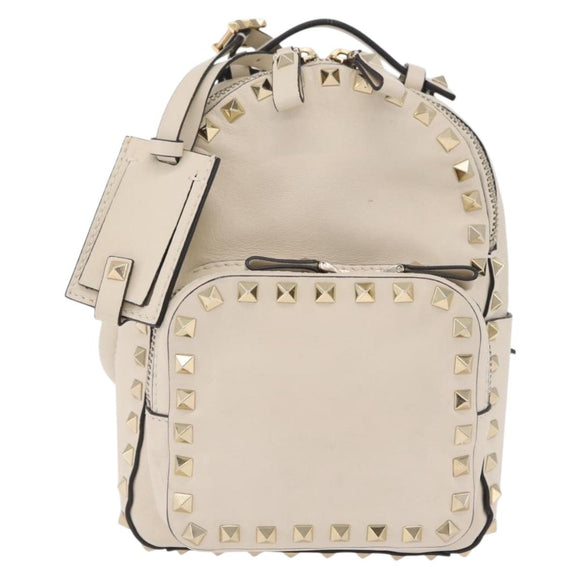 Valentino Rock Studs Backpack Leather Ivory Gold Tone Auth BA16533