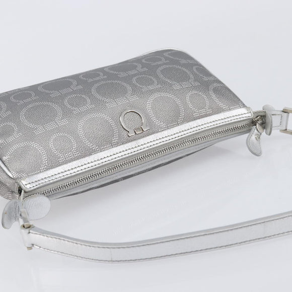 Salvatore Ferragamo Gancini Hand Bag Leather Silver Auth BA16577A