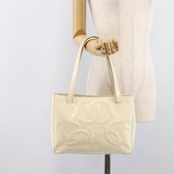 CHANEL Triple Coco Tote Bag Patent White Gold Tone CC Auth BA16587
