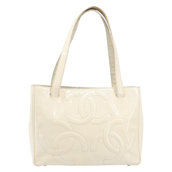 CHANEL Triple Coco Tote Bag Patent White Gold Tone CC Auth BA16587