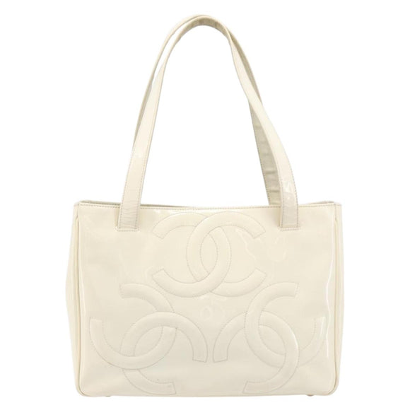 CHANEL Triple Coco Tote Bag Patent White Gold Tone CC Auth BA16587
