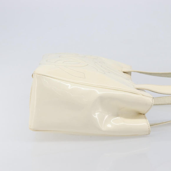 CHANEL Triple Coco Tote Bag Patent White Gold Tone CC Auth BA16587
