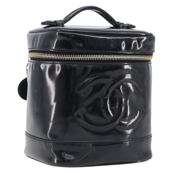 CHANEL COCO Mark Cosmetic Pouch patent Black Gold Tone CC Auth BA16589
