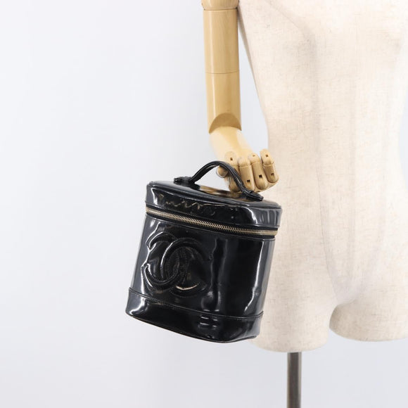 CHANEL COCO Mark Cosmetic Pouch patent Black Gold Tone CC Auth BA16589